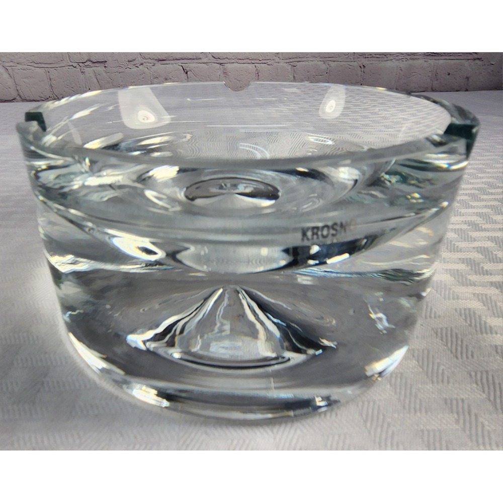 Krosno Poland Glass Ashtray Cigar Tray Clear MCM Bubble Trinket Dish Heavy! New!